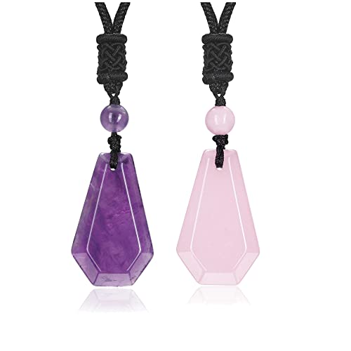 Jovivi 2 Pcs Amethyst Rose Quartz Crystals Necklace For Men Women Natural Healing Crystal Stone Coffin Gemstone Pendant Necklaces Quartz Jewelry Adjustable Rope #TOP21