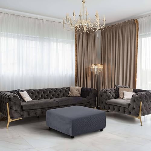 qiden Square Footstool Cover Jacquard Plush Thicker Large Stretch Pouffe Cover Anti-Slip Ottoman Slipcovers With Elastic Bottom - Image 3