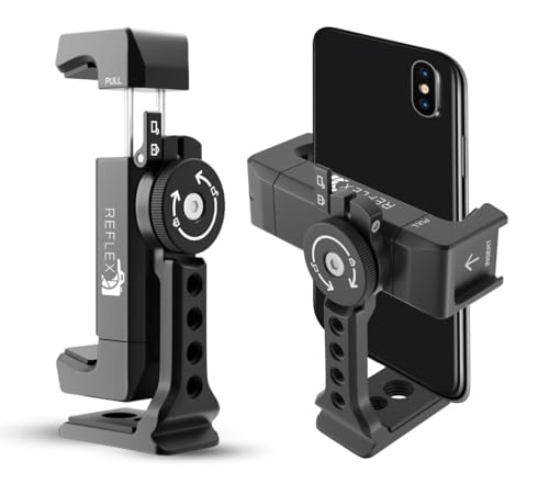 REFLEX CAMERA Metal Mobile Phone Tripod Mount, 360° Rotatable with Cold Shoe Mount, Universal Smartphone Attachment Clamp, 1/4 & 3/8 Mounting Screw Holes, Arca Swiss compatible Base Plate for iPhone