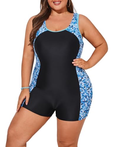 Hanna Nikole Contrast Color Swimsuit Bathing Suits U Neck for Chubby Women Stretchy Black Sea Blue 26