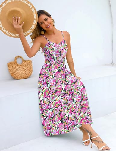 Image of Annebouti Women 2026 Summer Spring Ruched Maxi Dress Adjustable Spaghetti Strap Floral Beach Long Sundress with Pockets