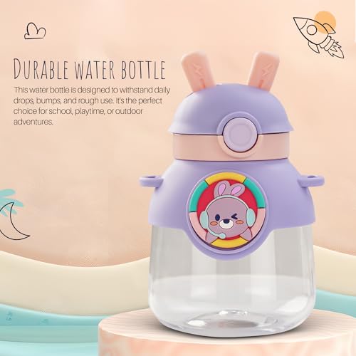 Image of Baybee Bubbly Kids Sipper Water Bottle 670ml | BPA Free & Leakproof Safe Sipper Bottle with Straw | Cute Rabbit Design Smooth Sipping with Handle & Neck Strap,Flip Lid for School Kids & Babys (Purple)