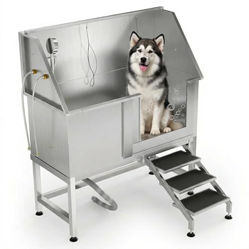 Garvee 50" Stainless Steel Heavy Duty Dog Washing Station - Anti-Slip Pet Bathing Tub with Non-Slip Stairs, Professional Grooming Tub for Large/Medium
