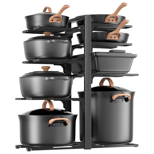 LAMU 8-Tier Heavy Duty Pots and Pans Organizer under Cabinet, 20.8″ H | Adjustable heavy-duty pot rack holds stockpots, Dutch ovens and cast iron cookware, 120 LB capacity, Fits inside cabinet