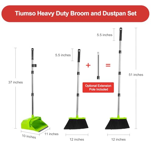Image of Tiumso Upgrade Broom with Dustpan Combo Set, Broom and Dustpan Set with 51'' Long Handle, Large Upright Brooms and Dust Pans, ZeroGap Lip, Self-Cleaning Teeth for Lobby and Restaurant - Light Green