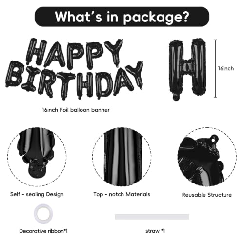 Image of Black Happy Birthday Banner Balloons 16 Inch Mylar Foil Letters