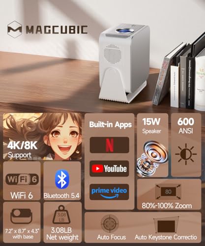 Magcubic Mini Projector 4K & 8K Support, 1080P Portable Projector for Bedroom with Android 14 WiFi 6 Bluetooth 5.4, Auto Focus (White-Silver) (White-Silver) - Image 2