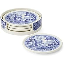 Spode Blue Italian Coasters for Drinks | Set of 4 | Ceramic Coasters and Holder | Tabletop Protection | Housewarming or Birthday Gift | Round Blue/White