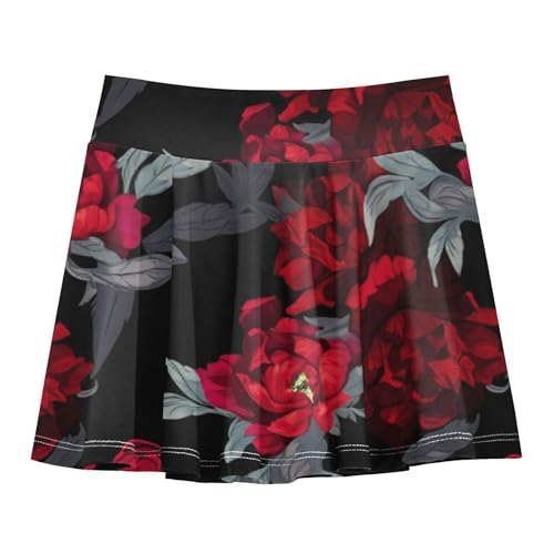Red Peonies Green Leaves Black Girls Skorts Athletic Shorts Tennis Skirts Toddler Floral Pleated 3t