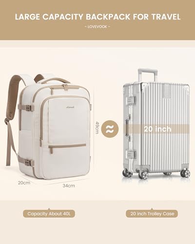 LOVEVOOK Handgepäck Rucksack Flugzeug, 40L Groß Reiserucksack Herren Damen Laptop Rucksack 17 Zoll, Wasserdicht Travel Backpack Kofferrucksack, Weekender Cabin Bag für Reise Arbeit Urlaub, Beige