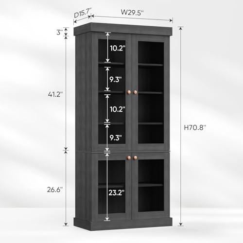 Image of Vyre 70.8 inch Tall Farmhouse Bookshelf, Modular Bookcase with Glass Doors, 6-Tier Adjustable Shelves, Large Storage Cabinet for Kitchen, Living Room, Black, Set of 2