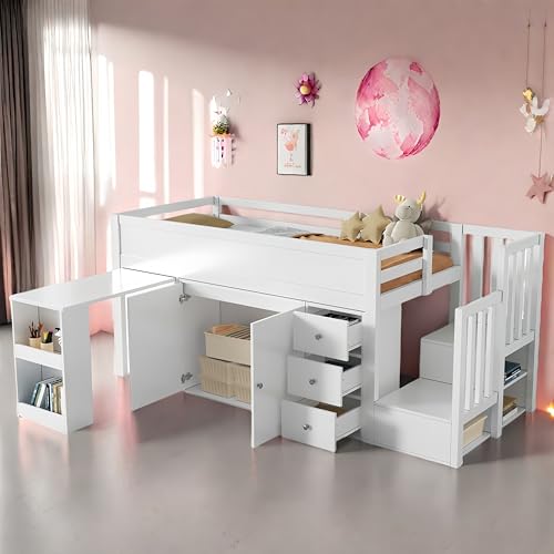 Seyakany Cama cabaña infantil 90 x 200 con escritorio deslizante, litera infantil 90 x 200 con armario, cama entrepiso de 1 plaza infantil con cajón y compartimento de almacenamiento lateral, MDF,