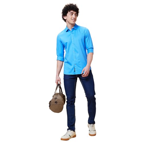 Image of Being Human Blue Slim Straight Fit Regular Collar Long Sleeves Men's Shirt Clothing