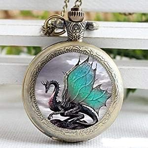 Vintage Green Dragon Glass Pocket Watch-Bronze Plated Pendant Necklace-Wearable Art Pocket Watch-Handmade Necklace Jewelry for Women Men Kids Gifts