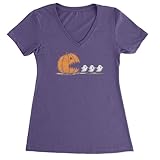 Ladies V-Neck Pumpkin Pacman Chasing Ghosts Halloween T-Shirt Large Purple