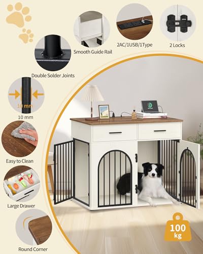Hzuaneri Dog Crate Furniture with 2 Drawers, Large Wooden Dog Crate with Charging Station, Indoor Kennel End Side Table for Small Medium Large Dogs, Anti-Chew Anti-Escape, White Brown DFC87214B - Image 9