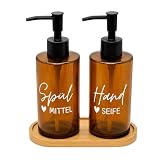 BoBoU 2er Set Glas Seifenspender Braunglas 320ml Retro Design Braune Glasflasche Mattschwarzer...