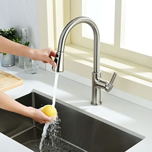 Lavatrum Kitchen Faucet With Pull Down Sprayer Brushed Nickel, 17 Inches Extended Body Single Handle High Arc Kitchen Sink Faucet With 3-Function Sprayer, Faucet For Kitchen Sink, Grifos De Cocina #TOP2