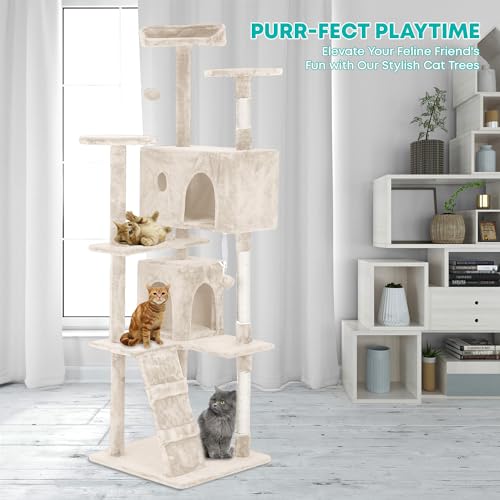 FDW | 70" Cat Tree Tower | Beige | Multi-Level Indoor Activity Center with Sisal Scratching Posts, Condos, Plush Perches, Hanging Cat Toys | Sturdy, Easy to Assemble | for Kittens & Adult Cats by FDW - Image 2
