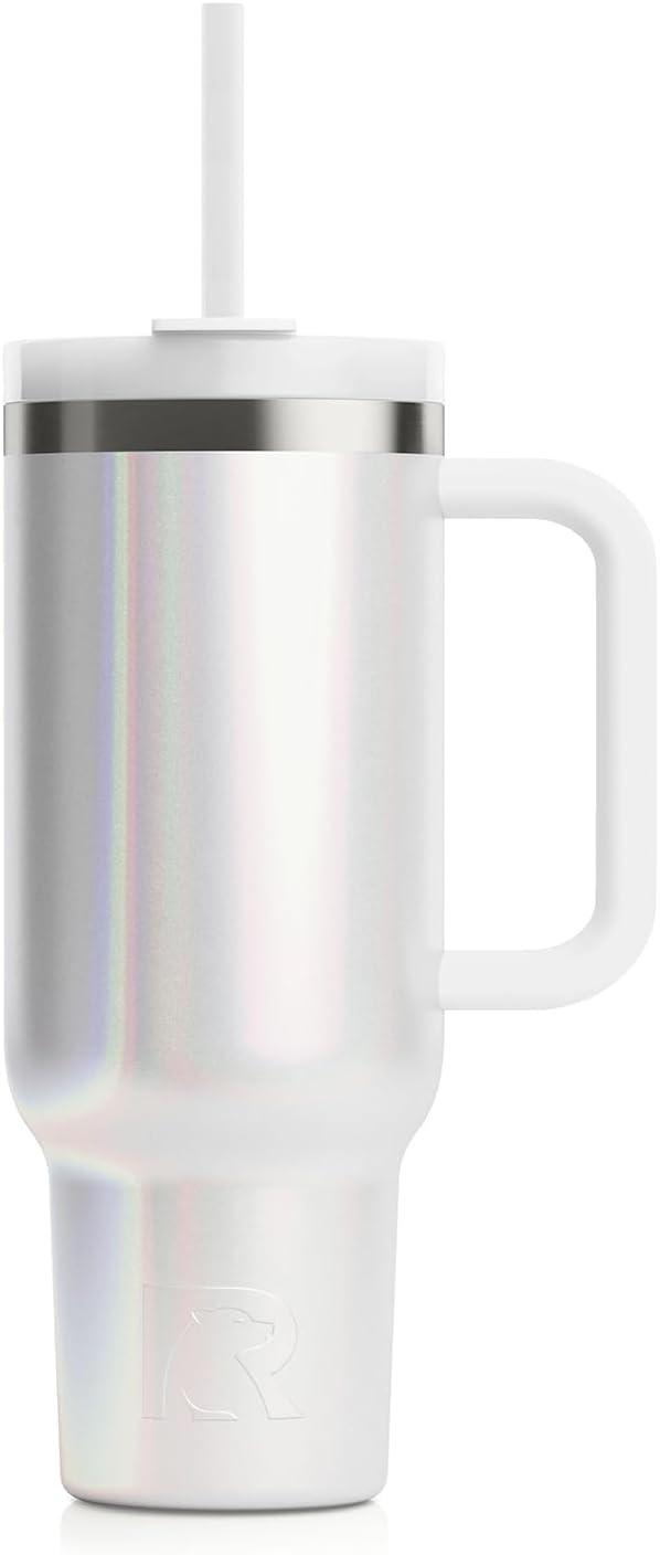 RTIC 30 oz Road Trip Tumbler Double-Walled Insulated Stainless Steel Portable Travel Coffee Mug Cup with Lid, Handle and Straw, White Glitter
