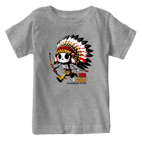 Red & Gold from Head to Toe Kid's Skull T-Shirt for Kansas City Fans (Grey Shirt, YL)