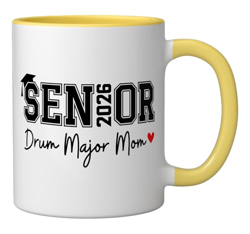 Senior 2026 Drum Major Mom 2026 Marching Band Graduation Ceramic Mug, Yellow/White