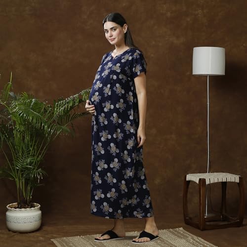 Image of MomToBe Women's Cotton Maxi Maternity Nighty /Feeding Nighty /Pregnancy Night Gown /A-Line Nursing Nighty with Zippers for Nursing Pre and Post Pregnancy