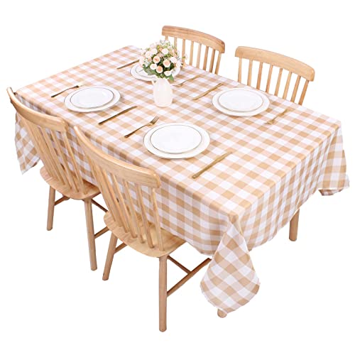 Kesfey Rectangle Gingham Tablecloth Plaid 55x78in Polyester Checkered Tablecloths Gingham Fabric Wipeable Table Cloth Wipe Clean Wrinkle Free Table Cover for Dining (Light Coffee)