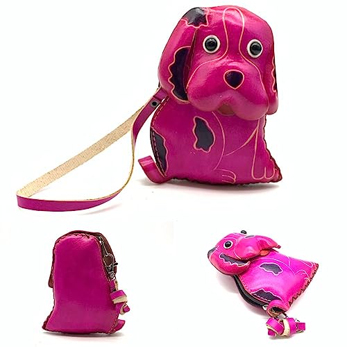 Handmade Genuine Leather 3D Animal Dog Coin Purse with Removable wrist strap (Pink)4
