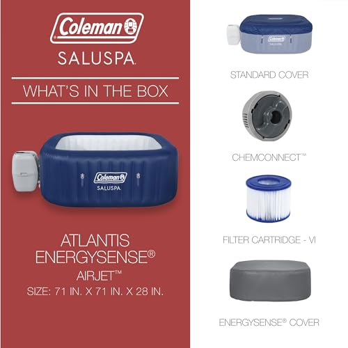 Coleman SaluSpa Atlantis AirJet Inflatable Hot Tub, 4 to 6 Person Square Portable Outdoor Spa with 140 Air Jets, App Control and EnergySense Insulated Cover, 71" x 28"