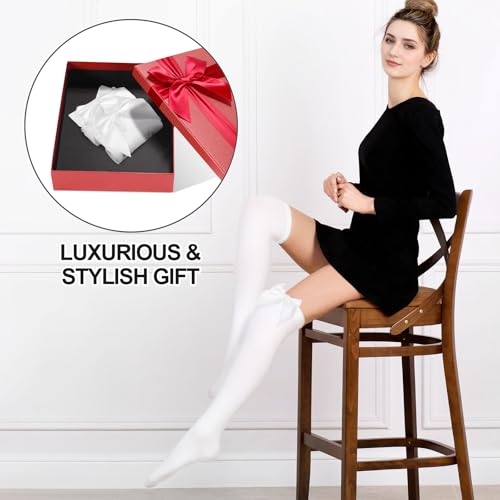 Image of Women's Thigh High Socks, White Thigh High Stockings, White Stockings, Anti Slip Women's Knee High Socks with Satin Bows