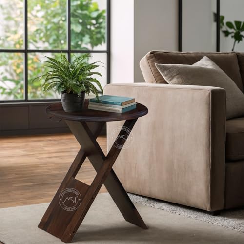 Image of NSH Luxury Sheesham Wood Cross Leg Coffee Side Table | Stool for Living Room, Bedroom or Dining Room | Multipurpose Side End Table | Walnut Finish, 1 Wooden Side End Stool