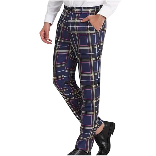 Men Plaid Dress Pants Slim Fit Flat Front Elastic Waistband Suit Trouser Wrinkle Free Chino Pants for Office Business