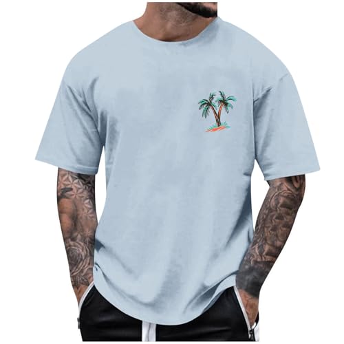 Camisetas de verano para hombre, tallas grandes, cuello redondo, manga corta, camiseta con estampado de coco, azul claro, S Grande Camisetas de verano para hombre, tallas grandes, cuello redondo, manga corta, camiseta con estampado de coco, azul claro, S Grande