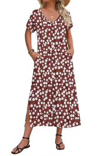 Image of Zeagoo Women Summer Floral Dress Short Sleeve Beach Dress with Pockets Casual V-Neck Split Long T-Shirt Dress Travel Vacation