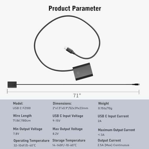 Alimentation continue USB C pour Sony Alpha A7 III et FX3