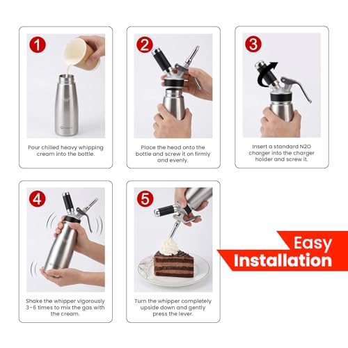 Professional Aluminum Whipped Cream Dispenser - 500ml/1 Pint,Leak-Free Whip Cream Maker Canister with 8 Decorating Nozzles & 2 Cleaning Brushes-For Desserts,Coffee & Cold Foam-N2O Charger Not Included by Oroovo - Used condition - Image 3