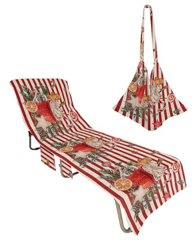 Christmas Beach Chair Towel Covers for Chaise Lounge with Side Pocket, Soft Plush Pool Towels Cover for Patio Sunbathing Outdoor 29''x85'' Farmhouse Red Stripes WInter Berry