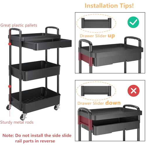 Image of Calmootey 3-Tier Utility Cart with Drawer & Wheels, Storage for Home,Office | Space-Saving Organizer, Sturdy Plastic Shelves, Smooth-Rolling Metal Wheels, Built-in Drawer for Small Items, Black