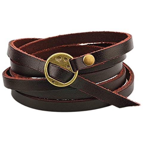 INMOFN Mens Womens Genuine Leather Bracelet Multilayer Leather Adjustable Cuff Wrap Bangle Thin Leather Rop Wristband Dark Brown Cover