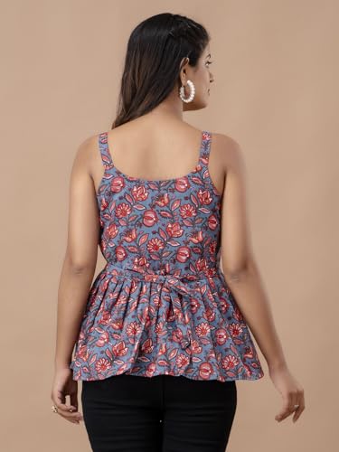 Image of feranoid Women Cotton Printed Sleeveless Strap Peplum Top