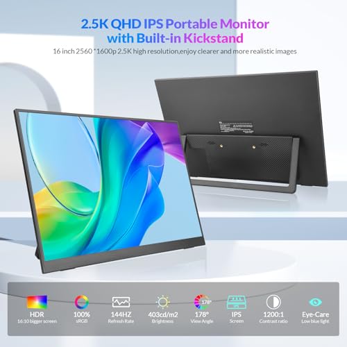 Image of Rii Portable Monitor, 16 Inch 144Hz QHD 2.5K 2560X1600 100% sRGB, Ultra-Slim Lightweight External Display with Speaker, USB-C HDMI Second Screen for Laptop MacBook Xbox Switch PS4 /5, VESA Mountable
