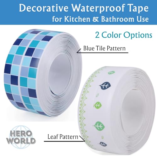 Image of Waterproof Caulk Tape 1.5in x 10.5ft Decorative Self-Adhesive Sealing Strip for Kitchen Bathroom Sink Toilet (Blue Tile)
