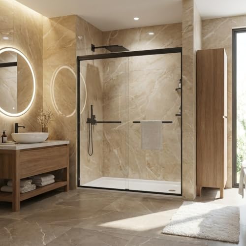 Image of 44-48 inch W x 72 inch H Frameless Sliding Shower Door, 5 /16 inch (8mm) SGCC Tempered Clear Glass with Easy-Clean Coating, 304 Stainless Steel Handle, Space-Saving Design for Walk-in Shower, Matte Black