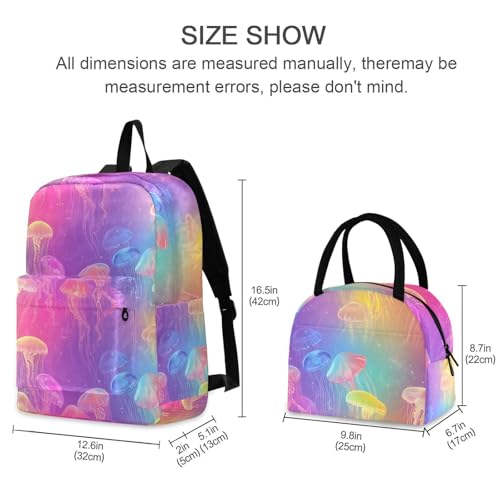 Glowing Jellyfish Print Backpack Set with Lunch Bag, Large Capacity Travel Backpacks and Lunch Box Insulated for Commute Hiking Picnic2