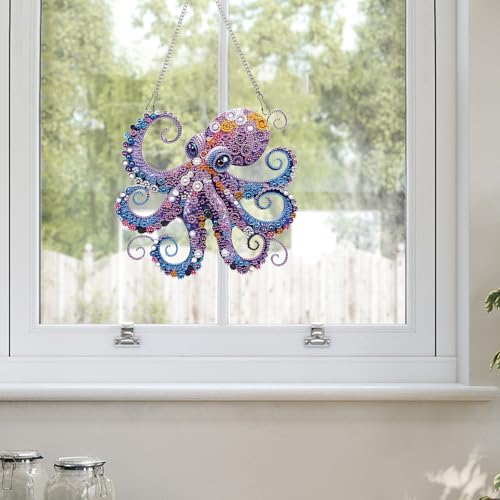 Image of AiYuanzsh Octopus Diamond Painting Hanging Ornament, 5D DIY Special Shaped Diamond Art Pendant Kit for Adults, Large Ocean Animal Wall Hanging Craft Decoration 24.1x22.6cm, Nautical Home Decor & Gift