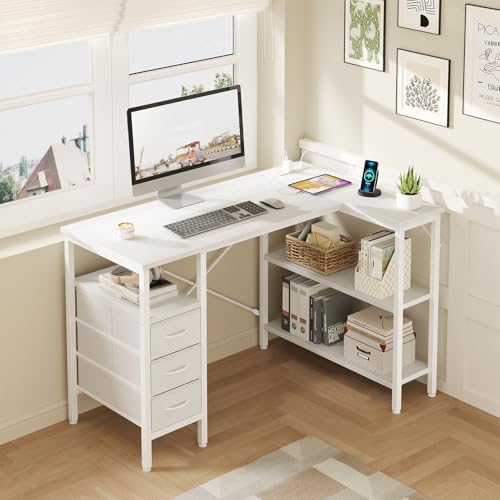 DUMOS L Shaped Desk with Shelf Drawers 47 Inch, White Corner Computer Desks Gaming with Power Outlet, Study Table with Adjustable Shelves, Home Office Tables for Bedroom Teacher Reading Writing - Image 3