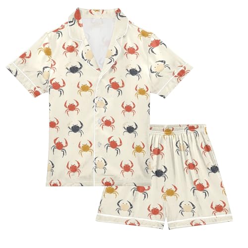 Retro Simple Crab Pattern Summer Satin Pajama Set, Cute Button-Down Sleepwear Pj Set for Sleep Wears
