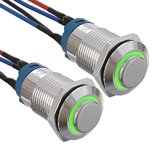 APIELE (Pcs of 2) 12mm Latching Push Button Switch High Round Head Stainless Steel 1 Normally Open with Ring Led (Green)