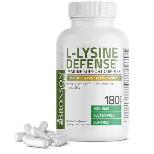 Image of Bronson L-Lysine Defense Immune Support Complex 1500 MG L-Lysine Plus Olive Leaf, Garlic, Vitamin C and Zinc - Non-GMO, 180 Vegetarian Capsules
